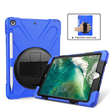 For iPad 9.7 (2018) & (2017) 360 Degree Rotation Silicone Protective Cover with Holder & Hand Strap & Long Strap & Pencil Slot(Blue)