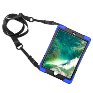 For iPad 9.7 (2018) & (2017) 360 Degree Rotation Silicone Protective Cover with Holder & Hand Strap & Long Strap & Pencil Slot(Blue)