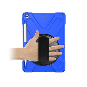 For iPad 9.7 (2018) & (2017) 360 Degree Rotation Silicone Protective Cover with Holder & Hand Strap & Long Strap & Pencil Slot(Blue)