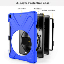 For iPad 9.7 (2018) & (2017) 360 Degree Rotation Silicone Protective Cover with Holder & Hand Strap & Long Strap & Pencil Slot(Blue)