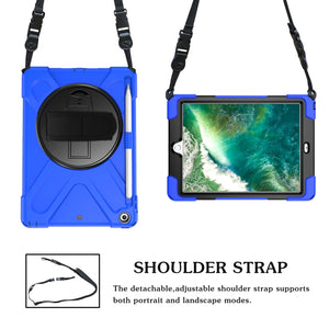 For iPad 9.7 (2018) & (2017) 360 Degree Rotation Silicone Protective Cover with Holder & Hand Strap & Long Strap & Pencil Slot(Blue)