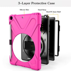 For iPad 9.7 (2018) & (2017) 360 Degree Rotation Silicone Protective Cover with Holder & Hand Strap & Long Strap & Pencil Slot(Rose Red)