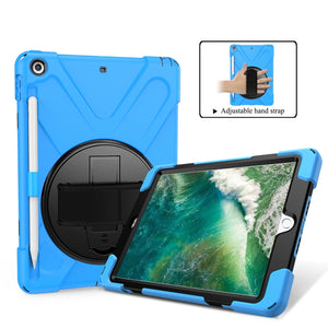 For iPad 9.7 (2018) & (2017) 360 Degree Rotation Silicone Protective Cover with Holder & Hand Strap & Long Strap & Pencil Slot(Light Blue)