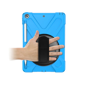 For iPad 9.7 (2018) & (2017) 360 Degree Rotation Silicone Protective Cover with Holder & Hand Strap & Long Strap & Pencil Slot(Light Blue)