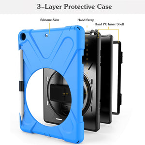 For iPad 9.7 (2018) & (2017) 360 Degree Rotation Silicone Protective Cover with Holder & Hand Strap & Long Strap & Pencil Slot(Light Blue)