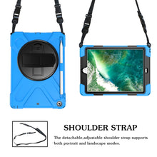 For iPad 9.7 (2018) & (2017) 360 Degree Rotation Silicone Protective Cover with Holder & Hand Strap & Long Strap & Pencil Slot(Light Blue)