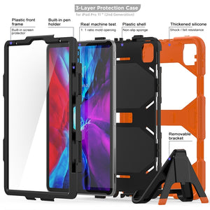 For iPhone 11 Pro For iPad Pro 11 inch (2020) Shockproof Colorful Silicon + PC Protective Case with Holder & Shoulder Strap & Hand Strap & Pen Slot(Orange)