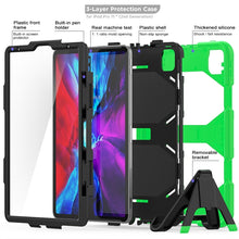 For iPhone 11 Pro For iPad Pro 11 inch (2020) Shockproof Colorful Silicon + PC Protective Case with Holder & Shoulder Strap & Hand Strap & Pen Slot(Green)