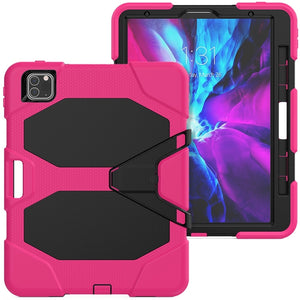 For iPhone 11 Pro For iPad Pro 11 inch (2020) Shockproof Colorful Silicon + PC Protective Case with Holder & Shoulder Strap & Hand Strap & Pen Slot(Rose Red)