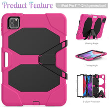 For iPhone 11 Pro For iPad Pro 11 inch (2020) Shockproof Colorful Silicon + PC Protective Case with Holder & Shoulder Strap & Hand Strap & Pen Slot(Rose Red)