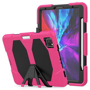 For iPhone 11 Pro For iPad Pro 11 inch (2020) Shockproof Colorful Silicon + PC Protective Case with Holder & Shoulder Strap & Hand Strap & Pen Slot(Rose Red)