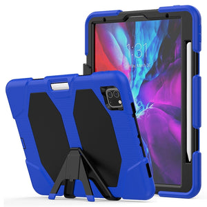 For iPhone 11 Pro For iPad Pro 11 inch (2020) Shockproof Colorful Silicon + PC Protective Case with Holder & Shoulder Strap & Hand Strap & Pen Slot(Dark Blue)