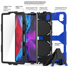 For iPhone 11 Pro For iPad Pro 11 inch (2020) Shockproof Colorful Silicon + PC Protective Case with Holder & Shoulder Strap & Hand Strap & Pen Slot(Dark Blue)