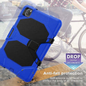 For iPhone 11 Pro For iPad Pro 11 inch (2020) Shockproof Colorful Silicon + PC Protective Case with Holder & Shoulder Strap & Hand Strap & Pen Slot(Dark Blue)