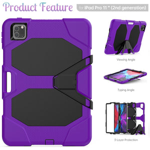 For iPhone 11 Pro For iPad Pro 11 inch (2020) Shockproof Colorful Silicon + PC Protective Case with Holder & Shoulder Strap & Hand Strap & Pen Slot(Purple)