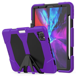 For iPhone 11 Pro For iPad Pro 11 inch (2020) Shockproof Colorful Silicon + PC Protective Case with Holder & Shoulder Strap & Hand Strap & Pen Slot(Purple)