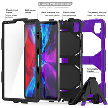 For iPhone 11 Pro For iPad Pro 11 inch (2020) Shockproof Colorful Silicon + PC Protective Case with Holder & Shoulder Strap & Hand Strap & Pen Slot(Purple)