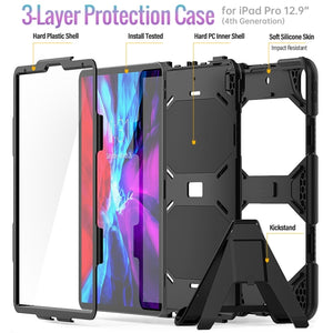 For iPad Pro 12.9 inch (2020) Shockproof Colorful Silicon + PC Protective Tablet Case with Holder & Shoulder Strap & Hand Strap (Black)