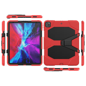 For iPad Pro 12.9 inch (2020) Shockproof Colorful Silicon + PC Protective Tablet Case with Holder & Shoulder Strap & Hand Strap (Red)
