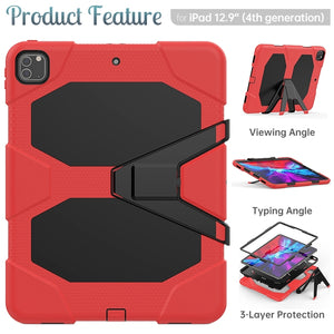 For iPad Pro 12.9 inch (2020) Shockproof Colorful Silicon + PC Protective Tablet Case with Holder & Shoulder Strap & Hand Strap (Red)