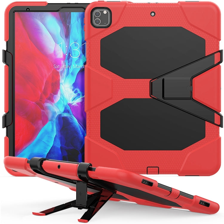 For iPad Pro 12.9 inch (2020) Shockproof Colorful Silicon + PC Protective Tablet Case with Holder & Shoulder Strap & Hand Strap (Red)