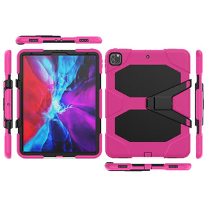 For iPad Pro 12.9 inch (2020) Shockproof Colorful Silicon + PC Protective Tablet Case with Holder & Shoulder Strap & Hand Strap (Rose Red)