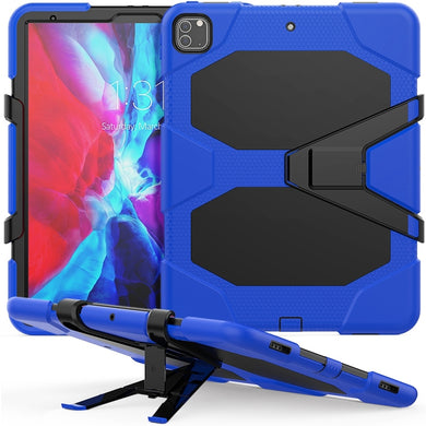 For iPad Pro 12.9 inch (2020) Shockproof Colorful Silicon + PC Protective Tablet Case with Holder & Shoulder Strap & Hand Strap (Dark Blue)