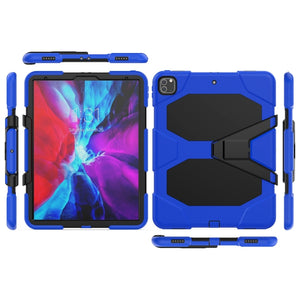 For iPad Pro 12.9 inch (2020) Shockproof Colorful Silicon + PC Protective Tablet Case with Holder & Shoulder Strap & Hand Strap (Dark Blue)