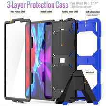 For iPad Pro 12.9 inch (2020) Shockproof Colorful Silicon + PC Protective Tablet Case with Holder & Shoulder Strap & Hand Strap (Dark Blue)