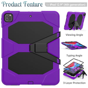 For iPad Pro 12.9 inch (2020) Shockproof Colorful Silicon + PC Protective Tablet Case with Holder & Shoulder Strap & Hand Strap (Purple)