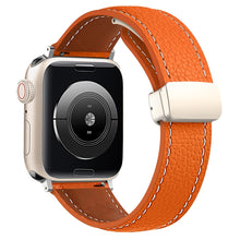 Folding Buckle Genuine Leather Watch Band for Apple Watch Series 8&7 41mm / SE 2&6&SE&5&4 40mm / 3&2&1 38mm(Orange)