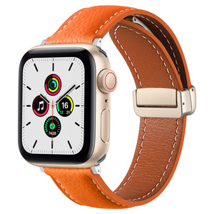 Folding Buckle Genuine Leather Watch Band for Apple Watch Series 8&7 41mm / SE 2&6&SE&5&4 40mm / 3&2&1 38mm(Orange)