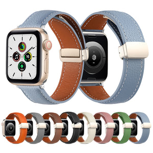 Folding Buckle Genuine Leather Watch Band for Apple Watch Series 8&7 41mm / SE 2&6&SE&5&4 40mm / 3&2&1 38mm(Orange)