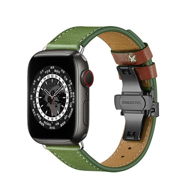 Butterfly Buckle Genuine Leather Watch Band For Apple Watch Series 8&7 41mm / SE 2&6&SE&5&4 40mm / 3&2&1 38mm(Green+Black Buckle)