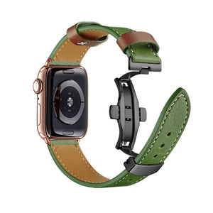 Butterfly Buckle Genuine Leather Watch Band For Apple Watch Series 8&7 41mm / SE 2&6&SE&5&4 40mm / 3&2&1 38mm(Green+Black Buckle)