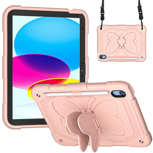 For iPad 10th Gen 10.9 2022 Butterfly Kickstand Heavy Duty Hard Rugged Tablet Case(Rose Pink)