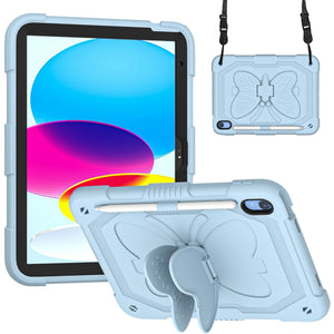 For iPad 10th Gen 10.9 2022 Butterfly Kickstand Heavy Duty Hard Rugged Tablet Case(Ice Blue)