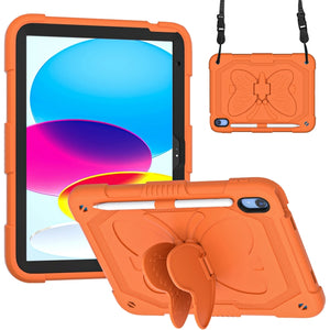 For iPad 10th Gen 10.9 2022 Butterfly Kickstand Heavy Duty Hard Rugged Tablet Case(Gold Orange)