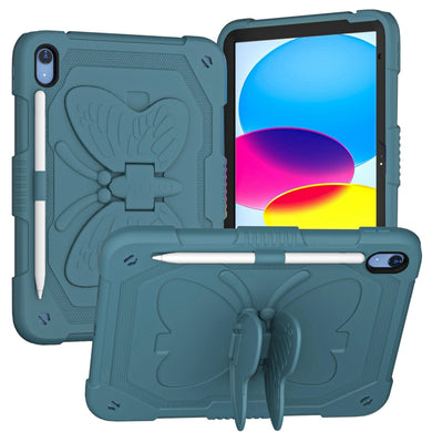 For iPad 10th Gen 10.9 2022 Butterfly Kickstand Heavy Duty Hard Rugged Tablet Case(Dark Green)