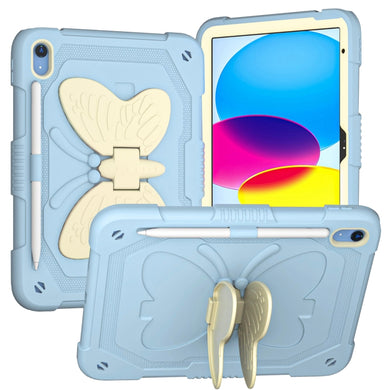 For iPad 10th Gen 10.9 2022 Butterfly Kickstand Heavy Duty Hard Rugged Tablet Case(Gream Ice Blue)