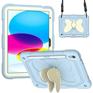 For iPad 10th Gen 10.9 2022 Butterfly Kickstand Heavy Duty Hard Rugged Tablet Case(Gream Ice Blue)