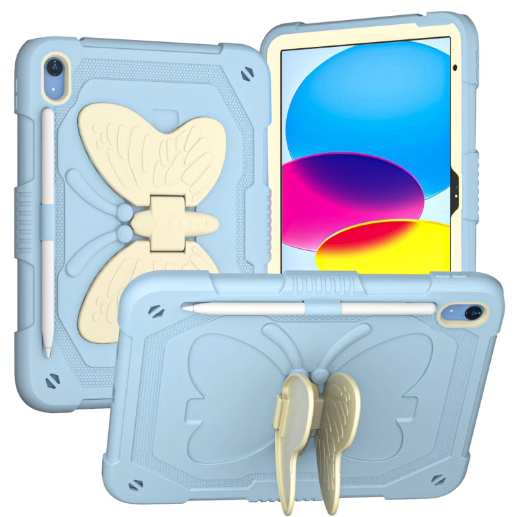 For iPad 10th Gen 10.9 2022 Butterfly Kickstand Heavy Duty Hard Rugged Tablet Case(Gream Ice Blue)