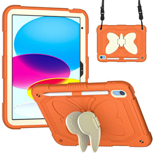 For iPad 10th Gen 10.9 2022 Butterfly Kickstand Heavy Duty Hard Rugged Tablet Case(Gream Gold Orange)