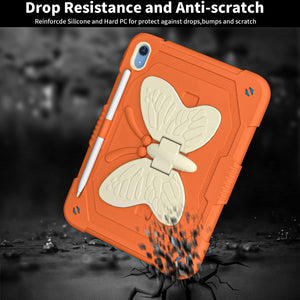 For iPad 10th Gen 10.9 2022 Butterfly Kickstand Heavy Duty Hard Rugged Tablet Case(Gream Gold Orange)