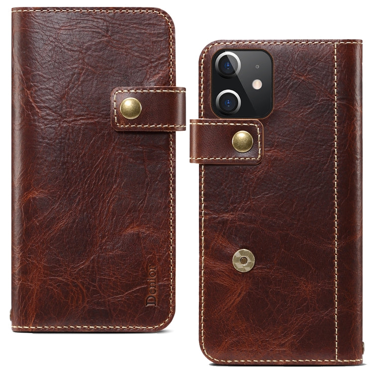 For iPhone 12 mini Denior Oil Wax Cowhide DK Magnetic Button Leather Phone Case(Brown)