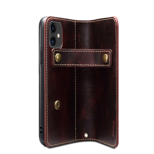 For iPhone 12 mini Denior Oil Wax Cowhide DK Magnetic Button Leather Phone Case(Dark Red)