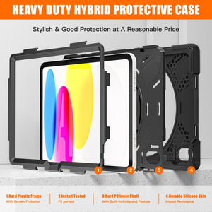 For iPad 10th Gen 10.9 2022 Rotatable Kickstand Grip Heavy Duty Hard Rugged Tablet Case(Black)