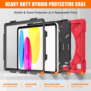 For iPad 10th Gen 10.9 2022 Rotatable Kickstand Grip Heavy Duty Hard Rugged Tablet Case(Red)