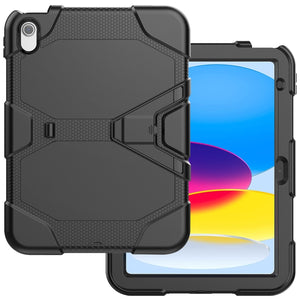 For iPad 10th Gen 10.9 2022 Rugged Silicone Hard PC Tablet Case with Holder(Black)