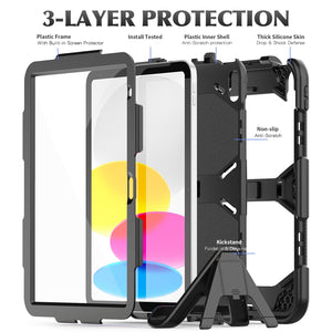 For iPad 10th Gen 10.9 2022 Rugged Silicone Hard PC Tablet Case with Holder(Black)